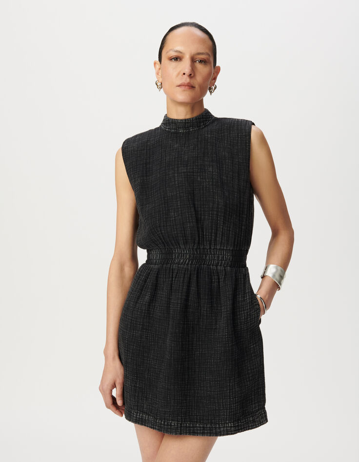 Robe sans manches grise gaze de coton encolure V dos Femme-3 Robe sans manches grise gaze de coton encolure V dos Femme-3