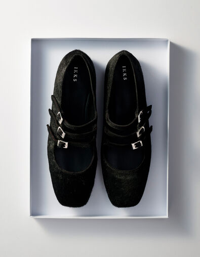 Zwarte ballerina's leer met vachteffect 3 gespen Dames - IKKS