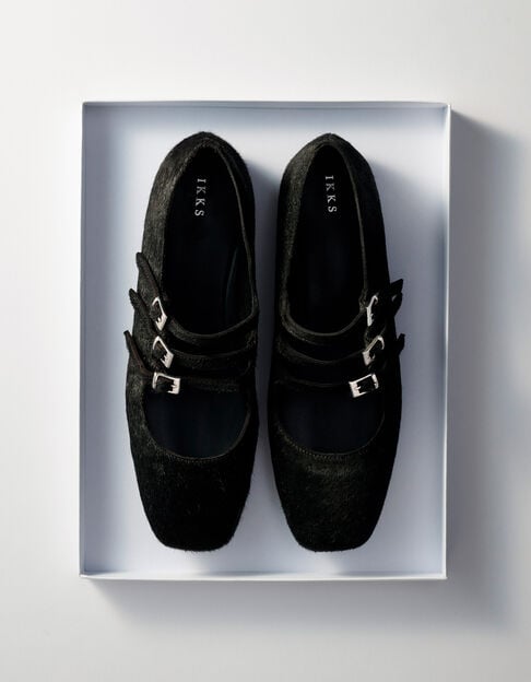 Women’s black pony-look leather ballet flats, 3 buckles - IKKS