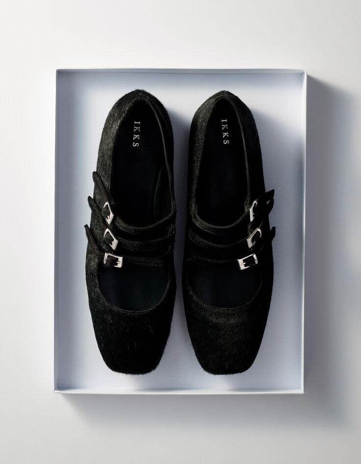 Zwarte ballerina's leer met vachteffect 3 gespen Dames-1