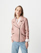 Blouson rose cuir délavé esprit motard Femme-2
