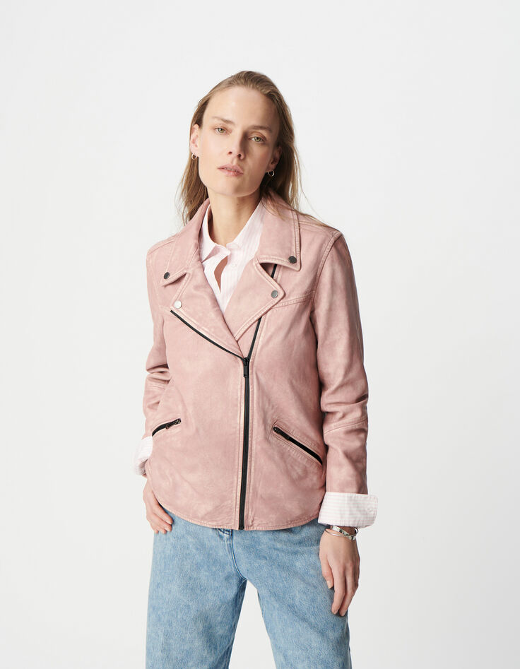 Blouson rose cuir délavé esprit motard Femme-2