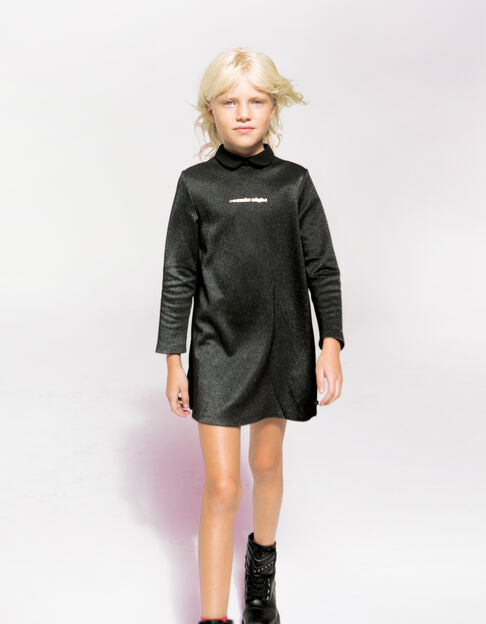 Girls’ black mixed-fabric dress with pleated back
