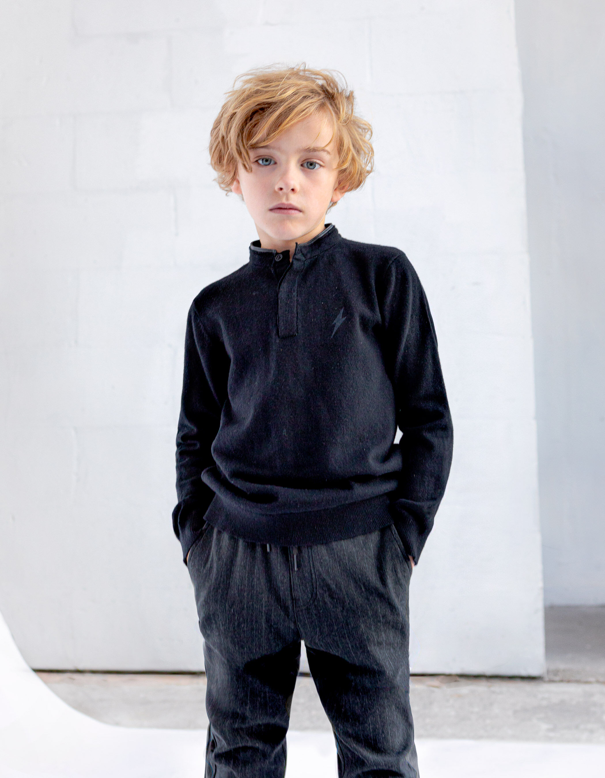 Boys black knit button neck sweater