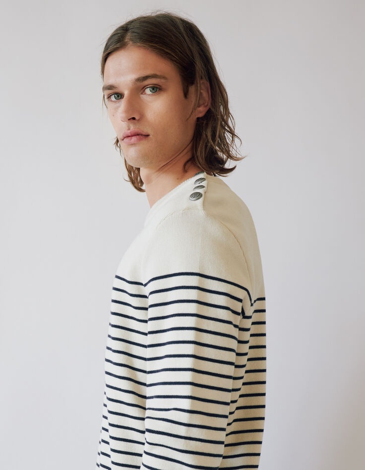 Pull marin blanc cass&eacute; tricot &agrave; rayures marine Homme-5