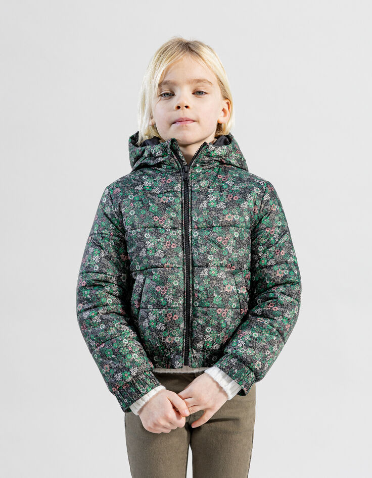 Wattierte khakifarbene Jacke für Mädchen mit Leo-Print-1
