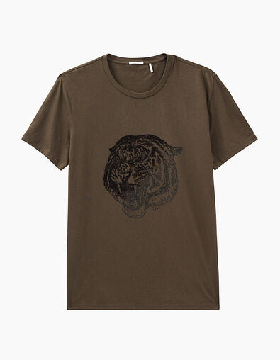 Men’s khaki velvet flocking tiger head T-shirt - IKKS