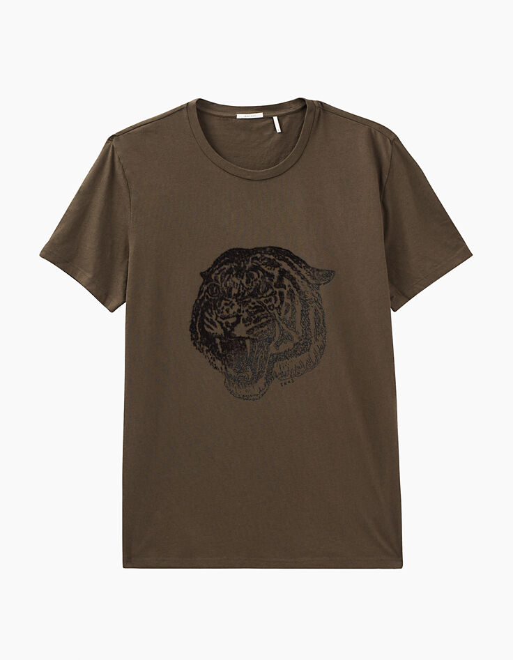 Men’s khaki velvet flocking tiger head T-shirt-1