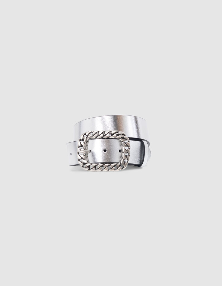Ceinture robe argentée cuir boucle gourmette métal Femme-1