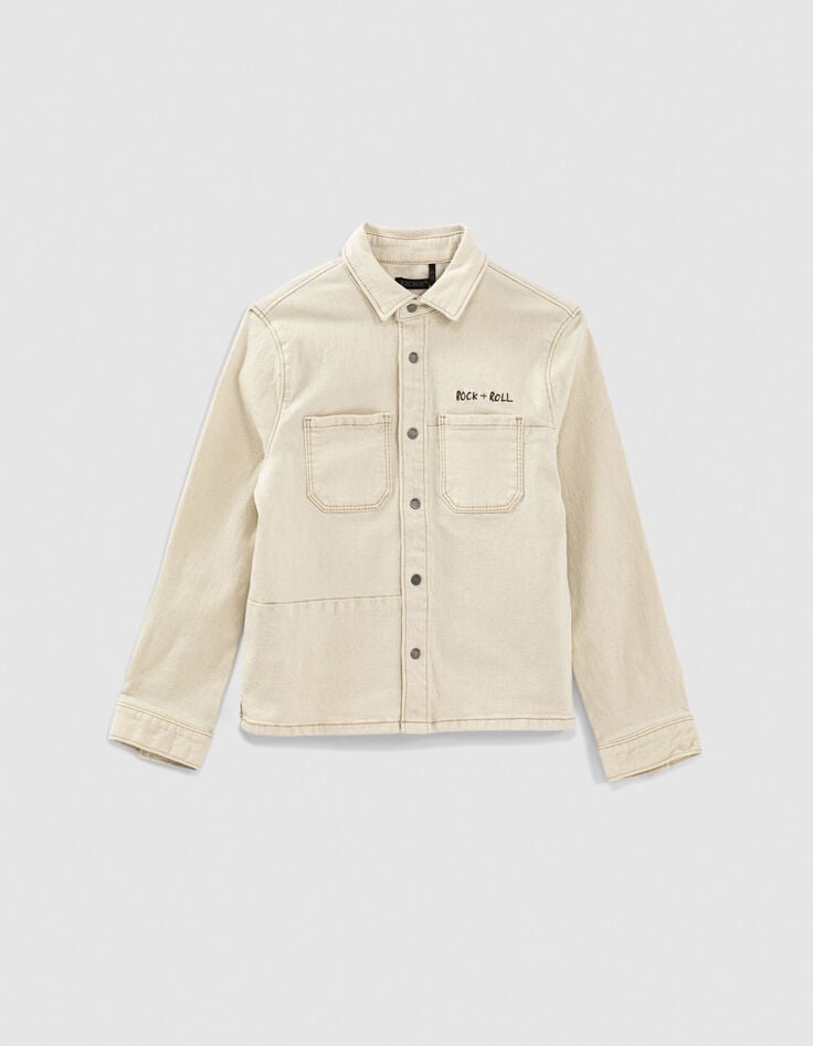 Elfenbeinfarbenes Jungenoberhemd aus Jeansstoff-1 Elfenbeinfarbenes Jungenoberhemd aus Jeansstoff-1