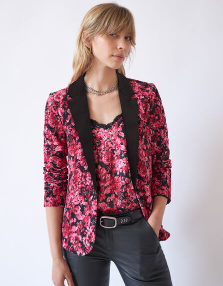 Women’s pink floral print crepe suit jacket, black collar