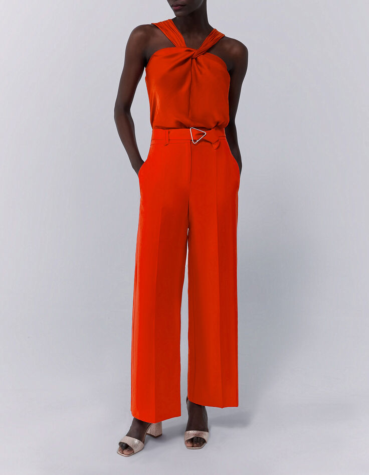 Top asymétrique à encolure nouée orange femme-5