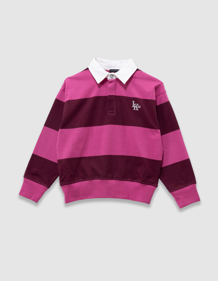 Polo rose coton bio rayures bordeaux col blanc fille-3