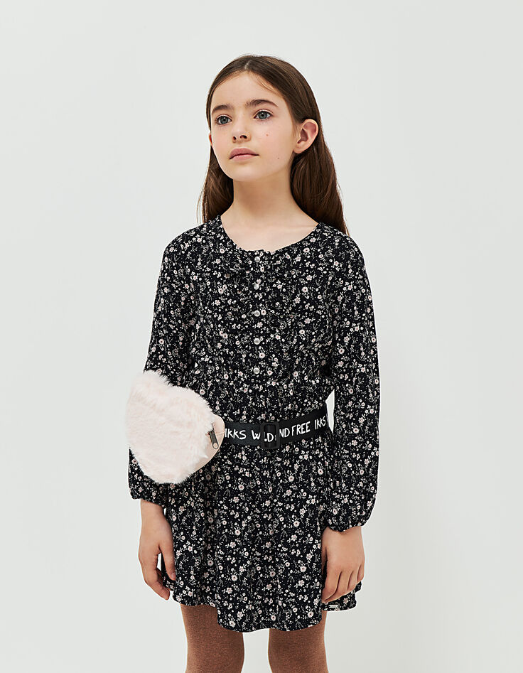 Girls’ black flower print ruffled dress-1