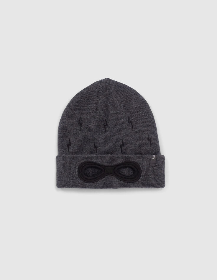Baby boys’ charcoal grey lightning embroidered knit beanie-1