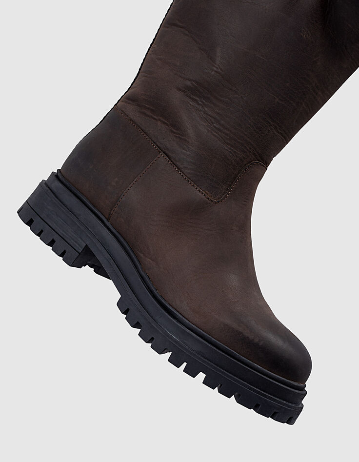 Bottes mi hautes en cuir chocolat semelles crantées femme-5