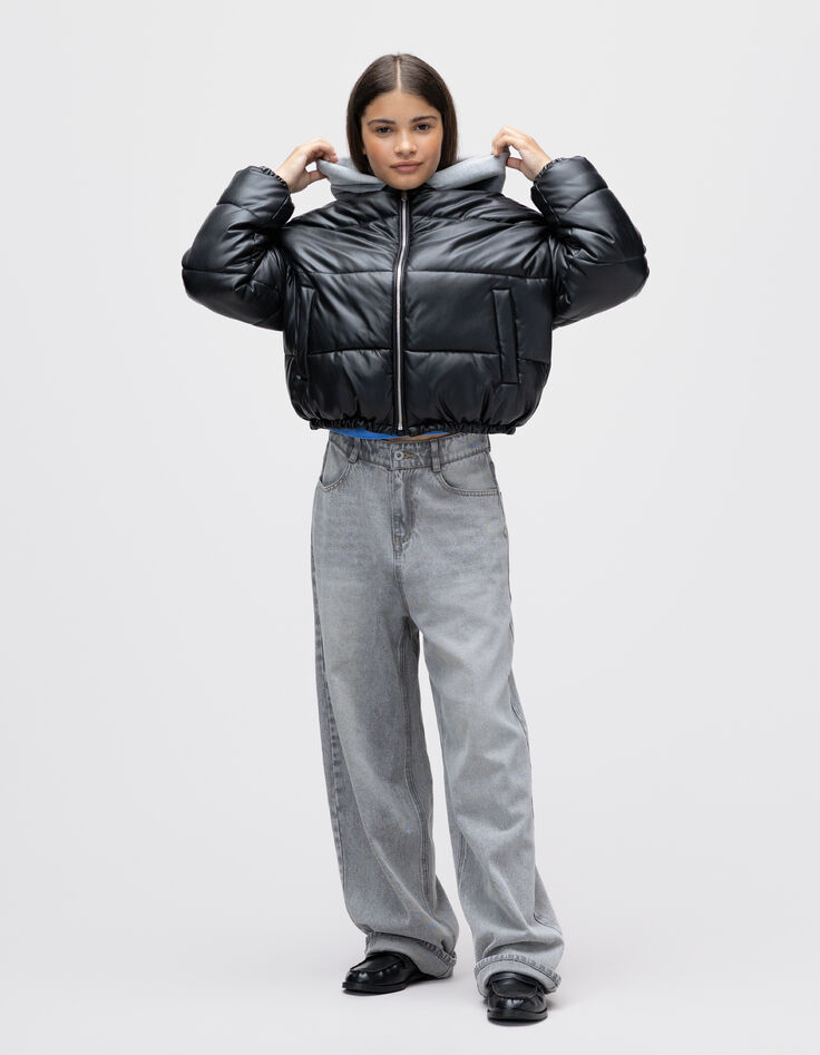 Korte zwarte pufferjas sweatkap meisjes-3 Korte zwarte pufferjas sweatkap meisjes-3