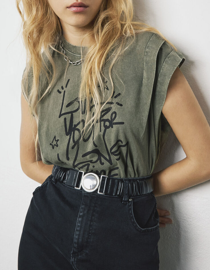 Tee-shirt en coton bio kaki délavé et message femme-2 Tee-shirt en coton bio kaki délavé et message femme-2