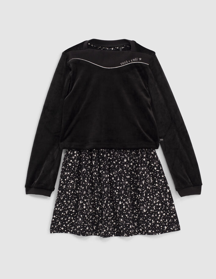 2-in-1 zwarte jurk met rockprint en fluwelen sweater - IKKS