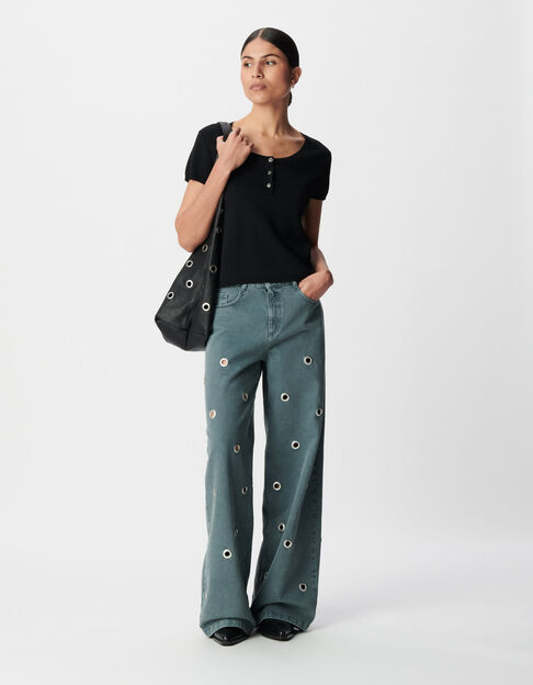 Jean large bleu taille haute d&eacute;cor &oelig;illets Edie Femme - IKKS