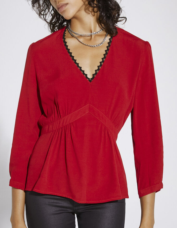 Women’s red viscose blouse with lace neckline-1