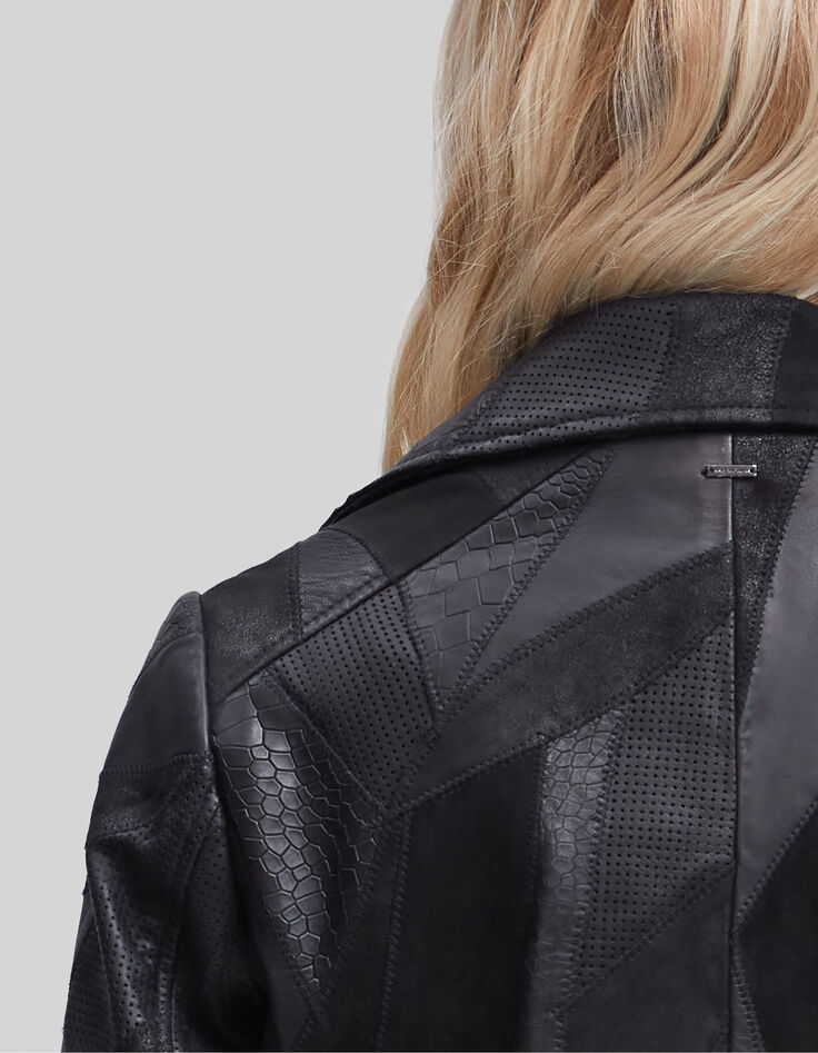 Women's black leather patchwork-look biker-style jacket-6