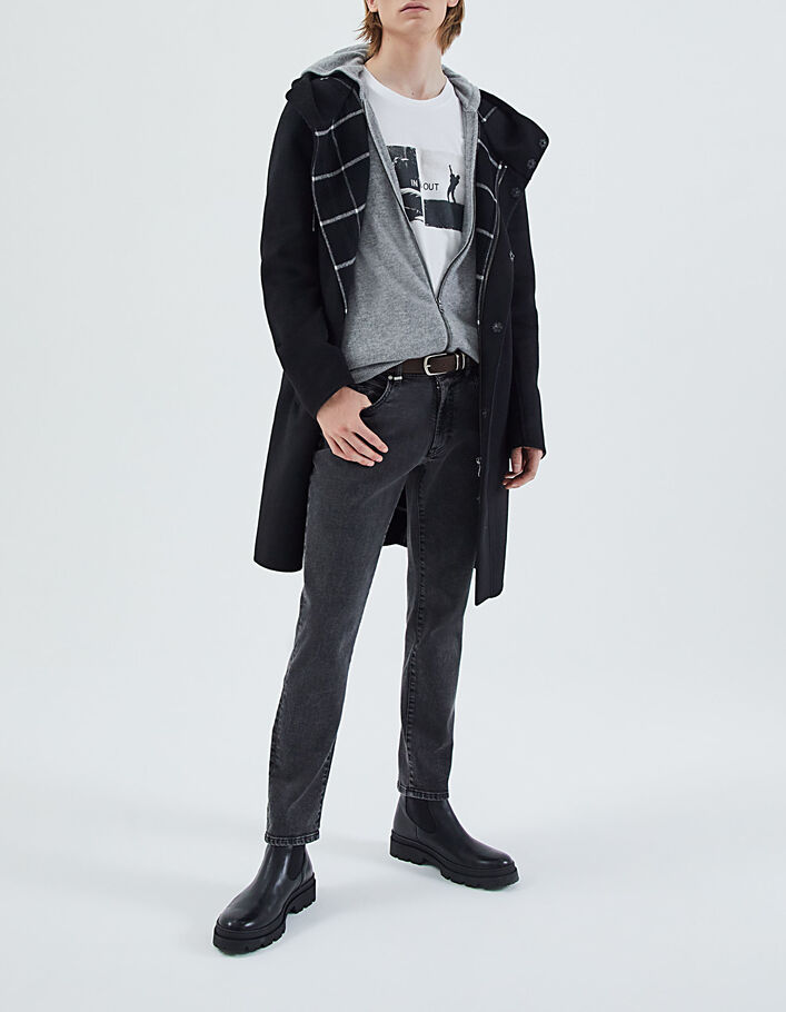 Manteau noir biface intérieur carreaux à capuche Homme