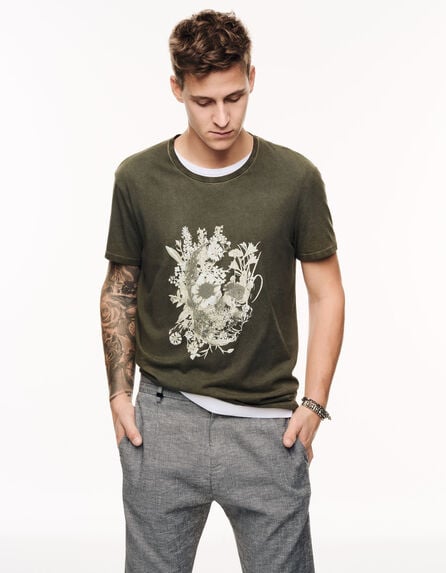 Men’s khaki T-shirt with skull & plants