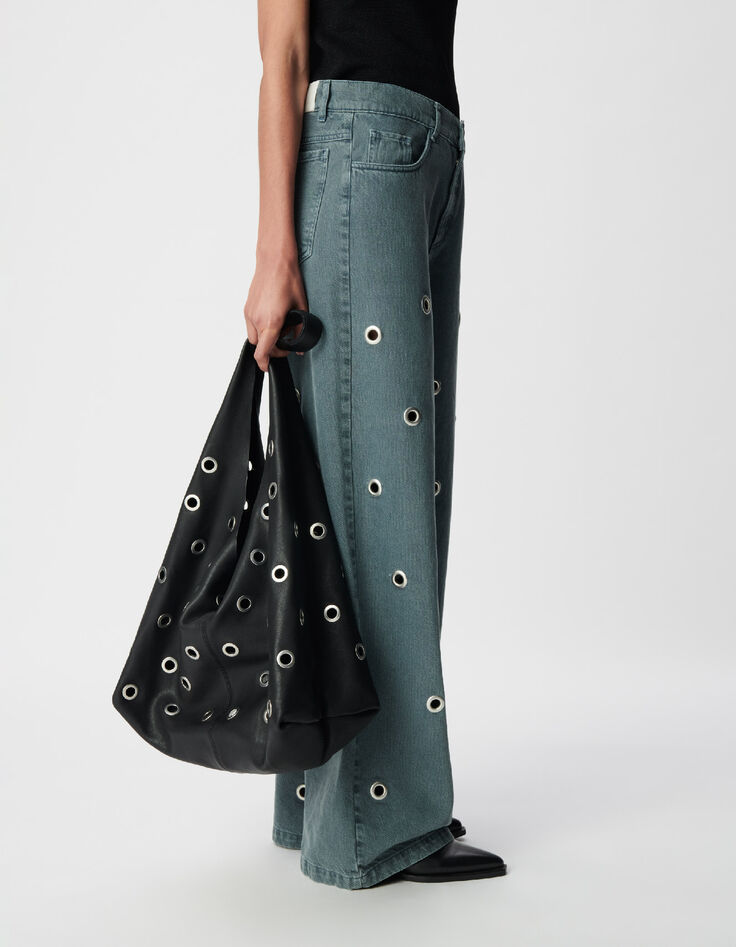 Schwarzes Leder Hobo Tasche maxi eyelet design Gr&ouml;&szlig;e XL Damen-1