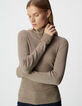 Pull col roulé beige tricot Femme-4