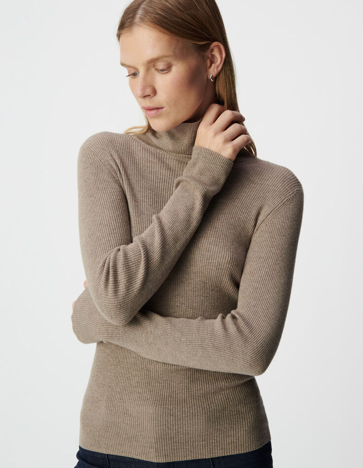 Pull col roulé beige tricot Femme-4