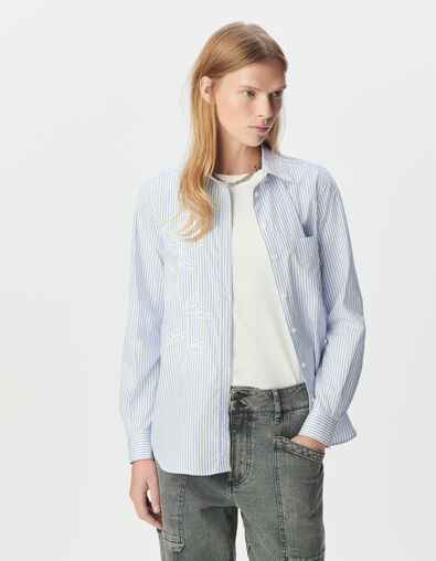 Women&rsquo;s embroidered long-sleeved shirt with blue stripes - IKKS