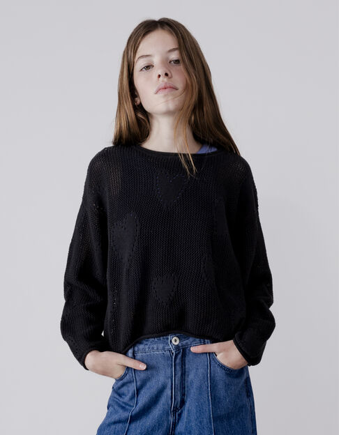 Pull noir tricot ajouré motif cœurs fille - IKKS