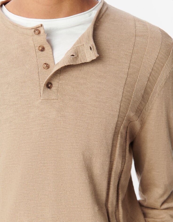 Men&rsquo;s beige organic cotton fine knit button-neck sweater-3