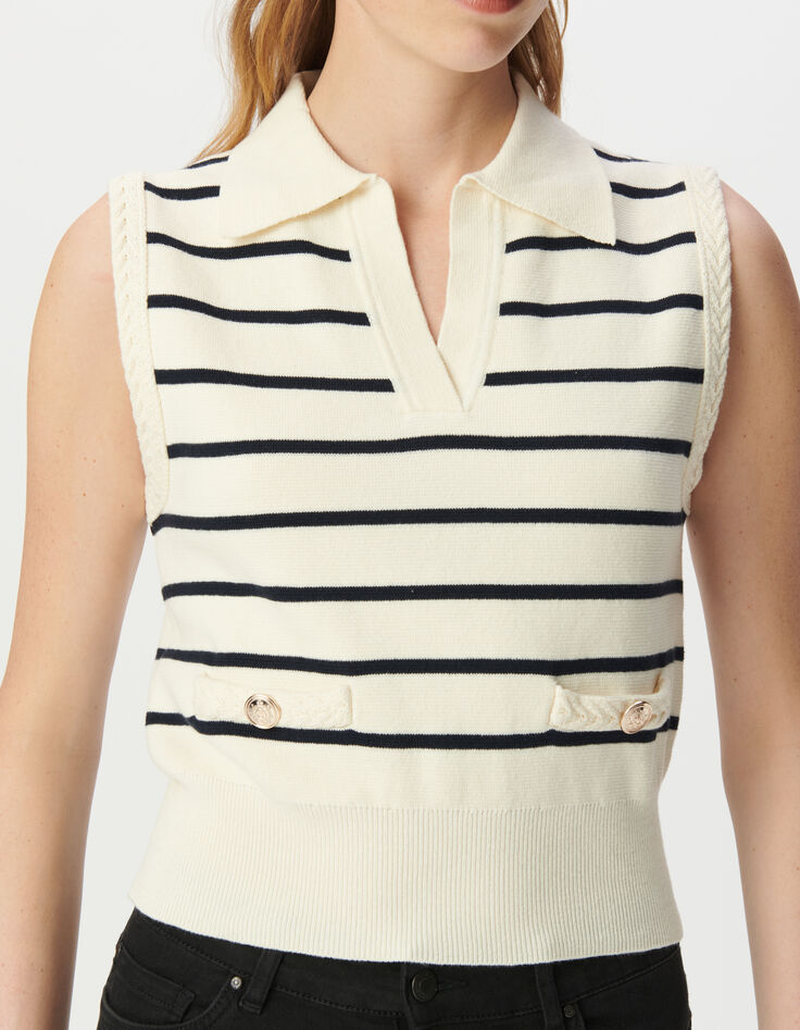 Pull polo blanc tricot rayures marine Femme-4