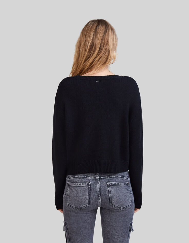 Schwarzer Damenstrickpullover mit Strasskn&ouml;pfen-2