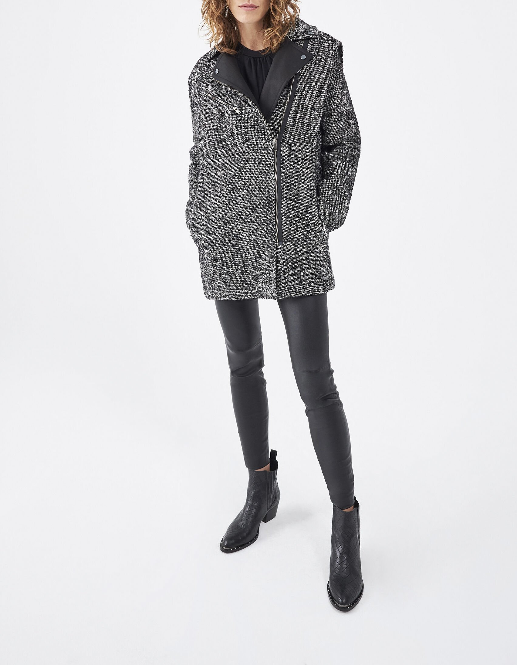 Manteau en mix laine noir col faux cuir femme