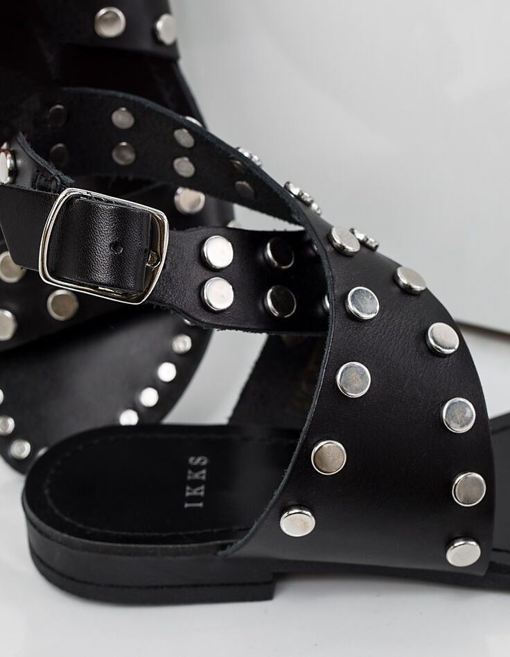 Women's black studded flat leather sandals-5