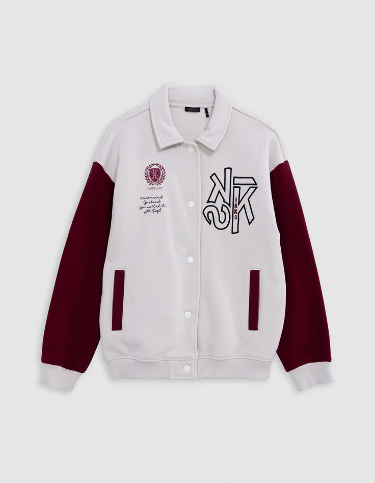 Tweekleurig beige fleece bombervest voor meisjes-1 Tweekleurig beige fleece bombervest voor meisjes-1