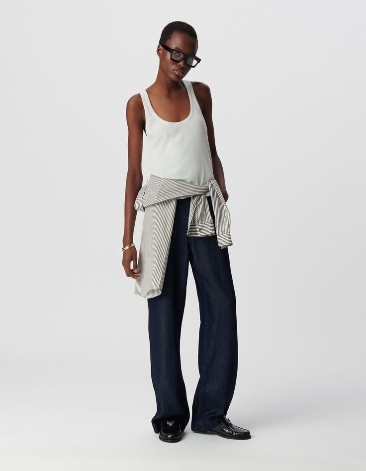 Women's white rib-knit tank top with herringbone embroidery on the back-1