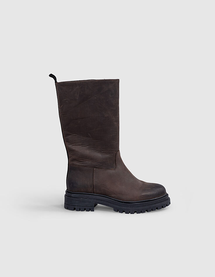 Bottes mi hautes en cuir chocolat semelles crantées femme-1