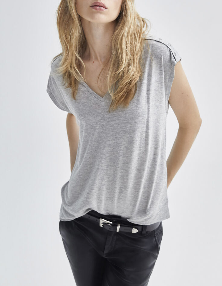 Women’s grey marl lurex T-shirt with studded shoulders-1 Women’s grey marl lurex T-shirt with studded shoulders-1