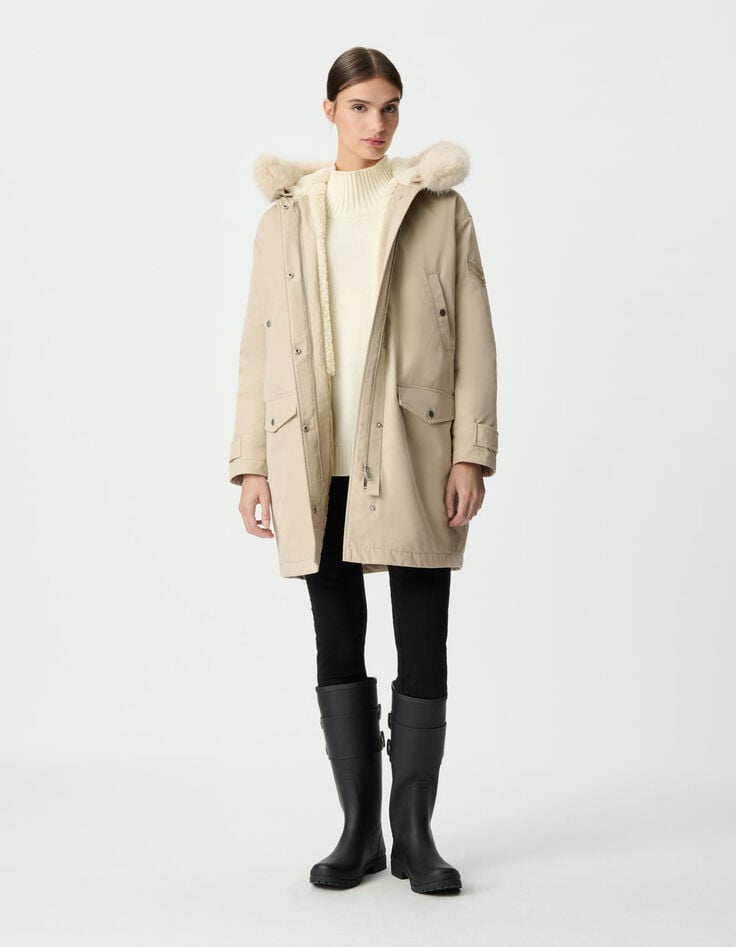 Parka oversize beige à capuche fourrée Femme-1