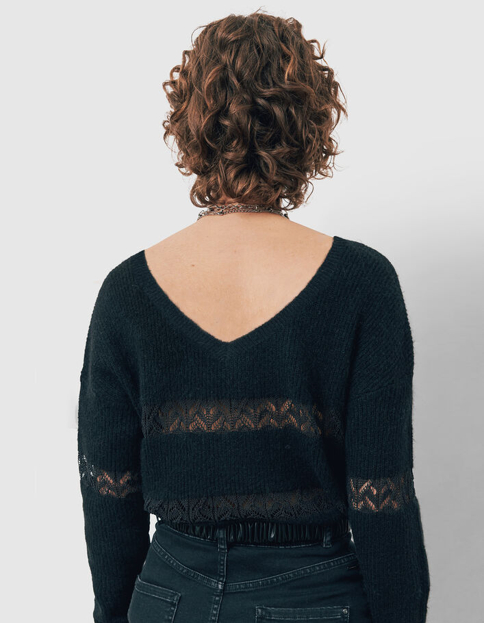 Women’s black knit sweater with lace sailor stripes - IKKS