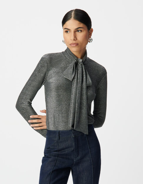 Women’s silver lurex knit T-shirt with neck tie - IKKS