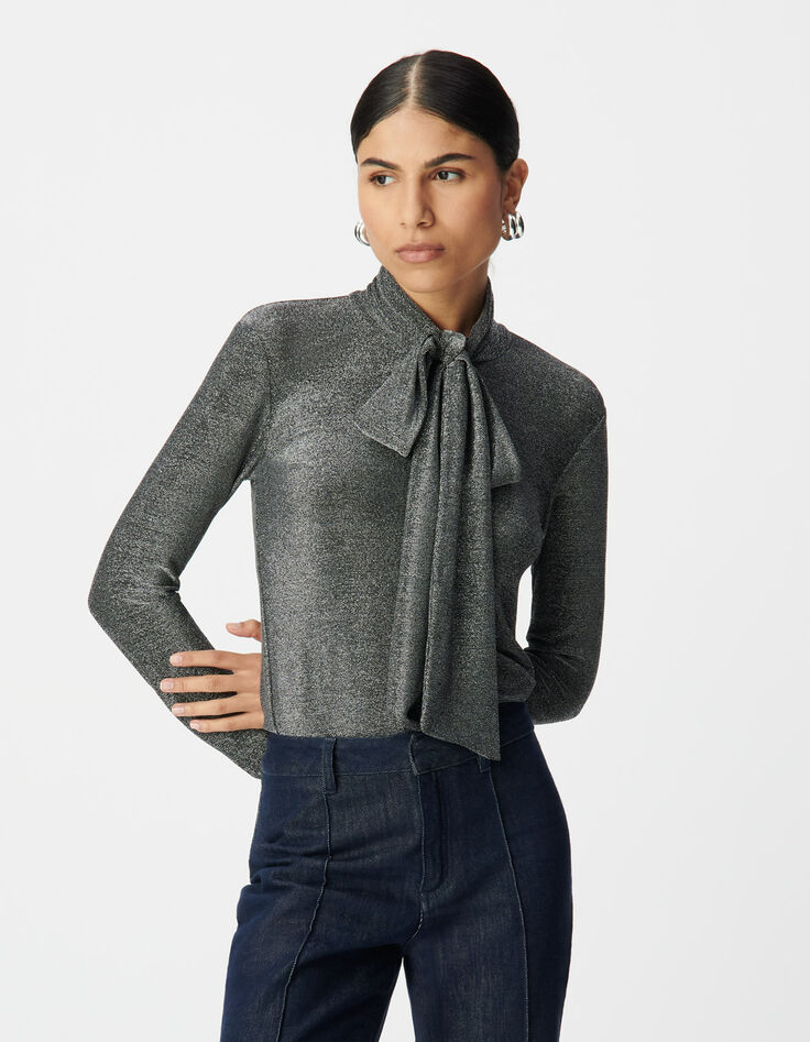 Women’s silver lurex knit T-shirt with neck tie-2