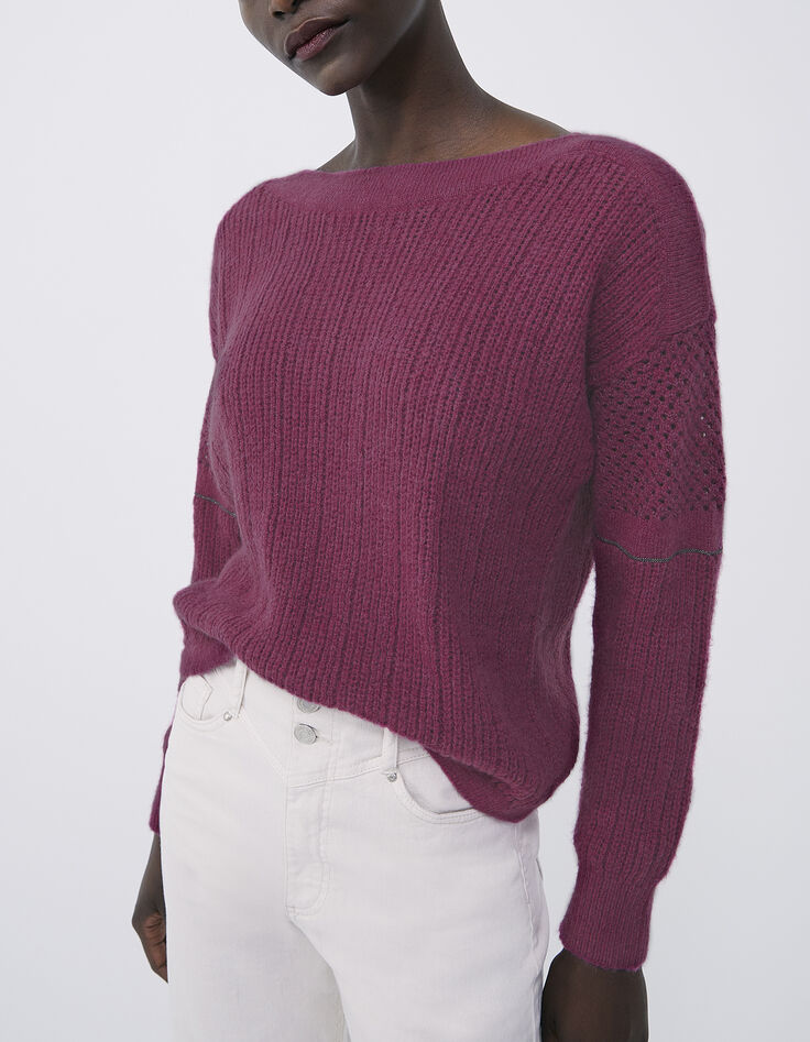 Jersey violeta punto puntadas y cadenas en mangas mujer-1