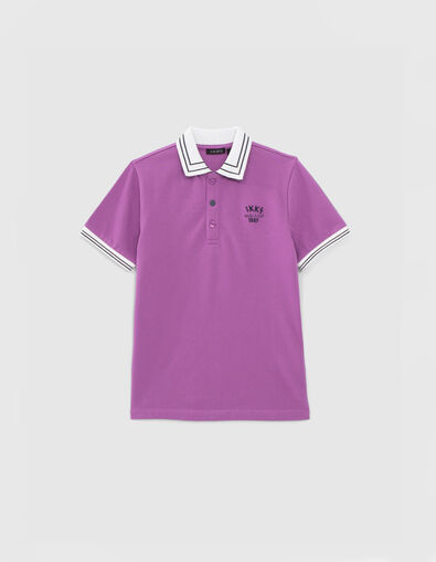 Boys’ purple pique knit polo shirt with striped ribbing - IKKS