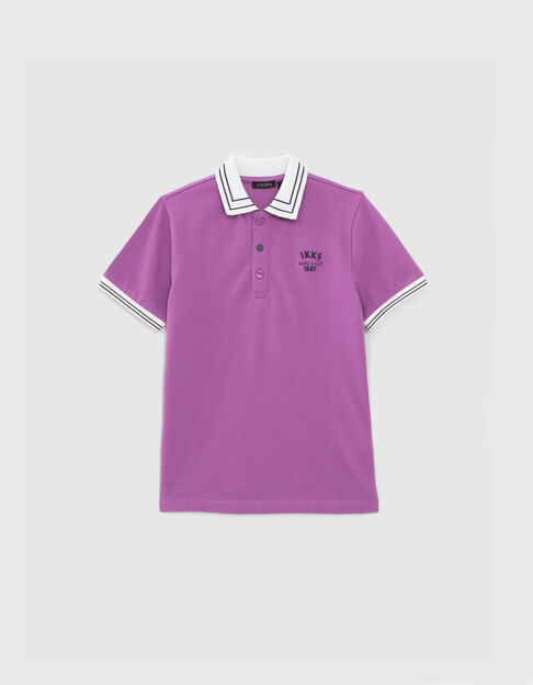 Boys’ purple pique knit polo shirt with striped ribbing - IKKS