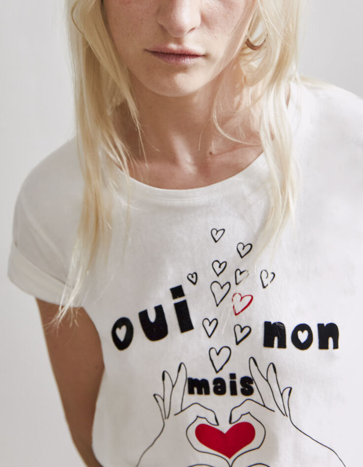 Women’s ecru IKKS capsule slogan motif cotton T-shirt-3